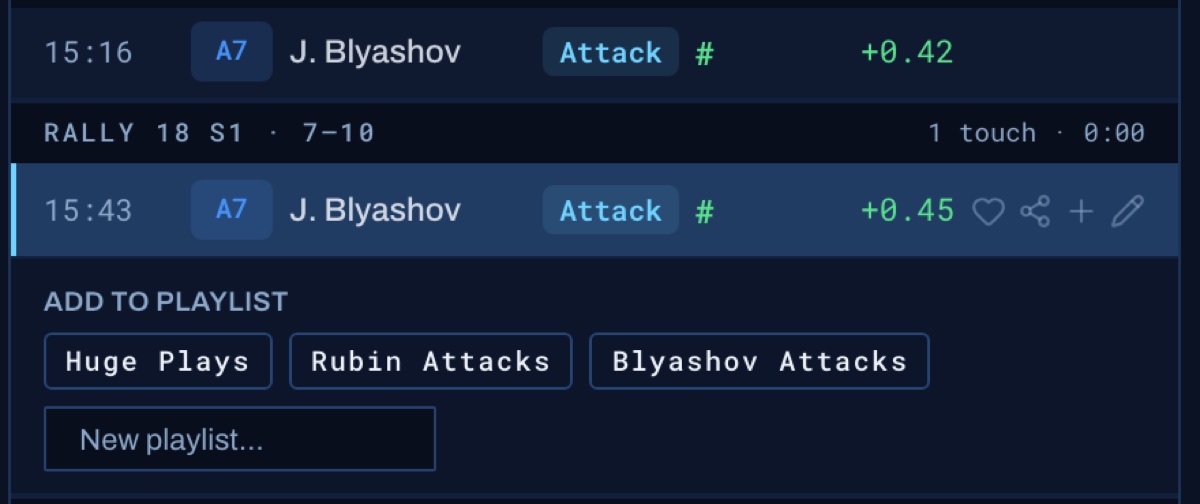 Close-up of one touch row on hover: heart, share, plus and pencil icons, with the Add to playlist menu showing Huge Plays, Rubin Attacks, Blyashov Attacks and a New playlist field.